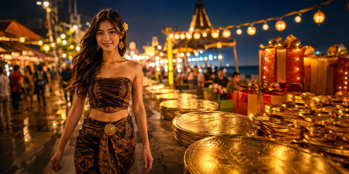 Suasana pasar malam Vietnam dengan tampilan bonus VIP yang bersinar di malam hari