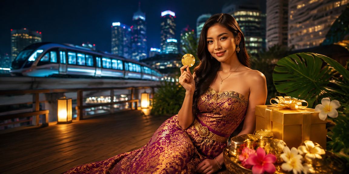 Model perempuan Vietnam berinteraksi dengan layar betting casino yang berwarna-warni