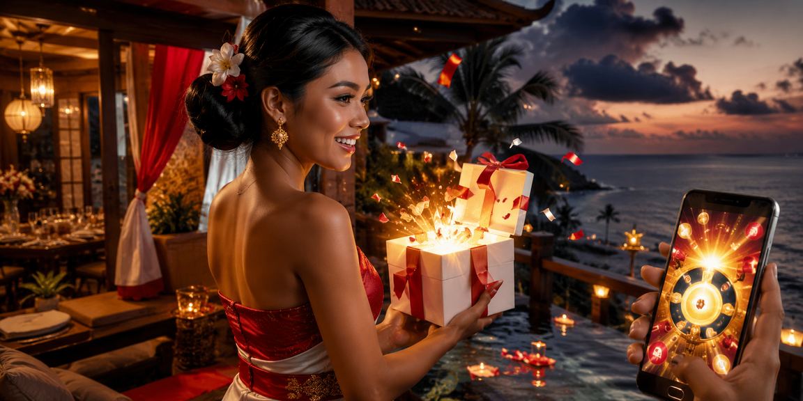 Pemain mengakses casino mobile dari tepi pantai dengan pemandangan matahari terbenam