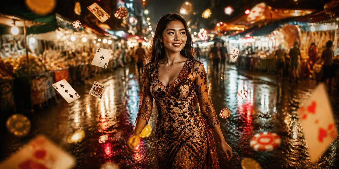 Permainan kartu di pasar malam Vietnam dengan cahaya lampu berwarna-warni
